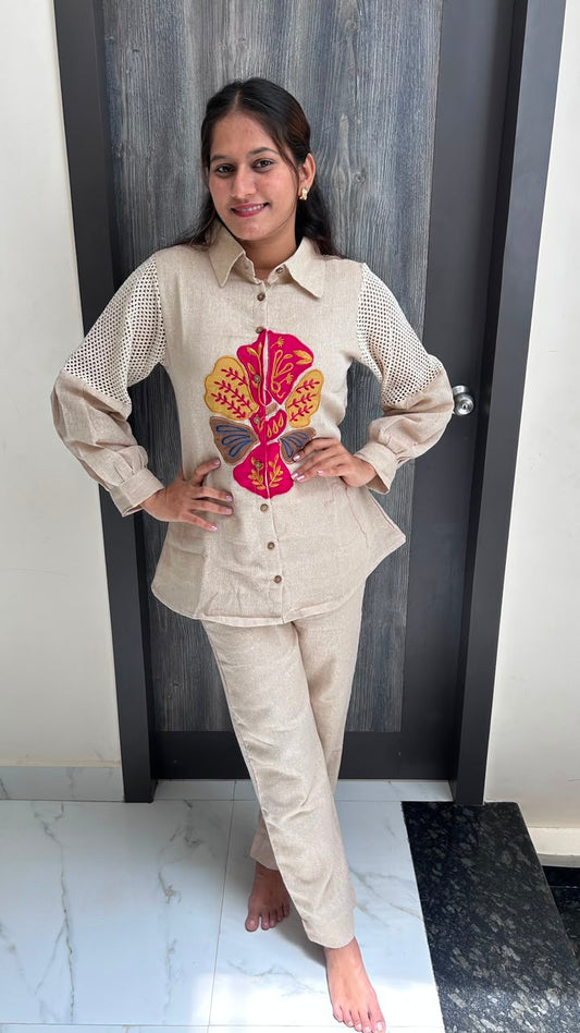 Champagne Beige Hand-Embroidered Co-Ord Set