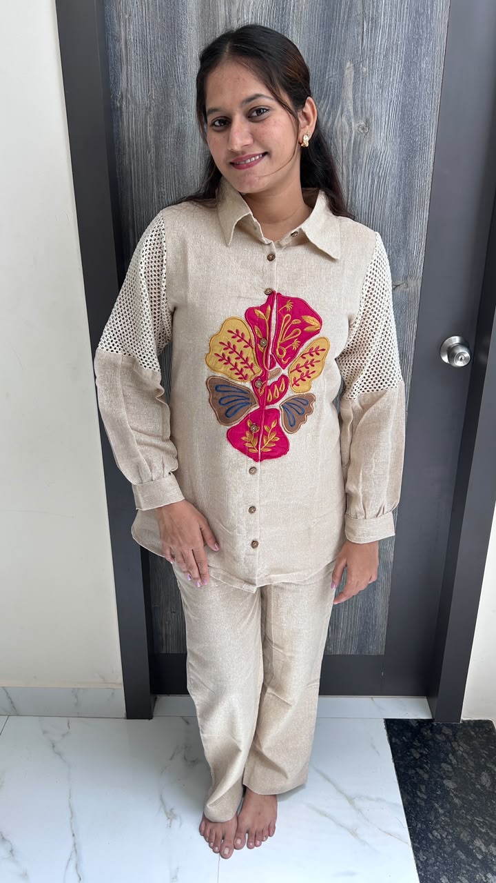 Champagne Beige Hand-Embroidered Co-Ord Set
