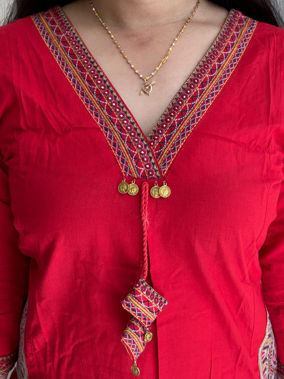kurti pant set with  hand embroidery (red)