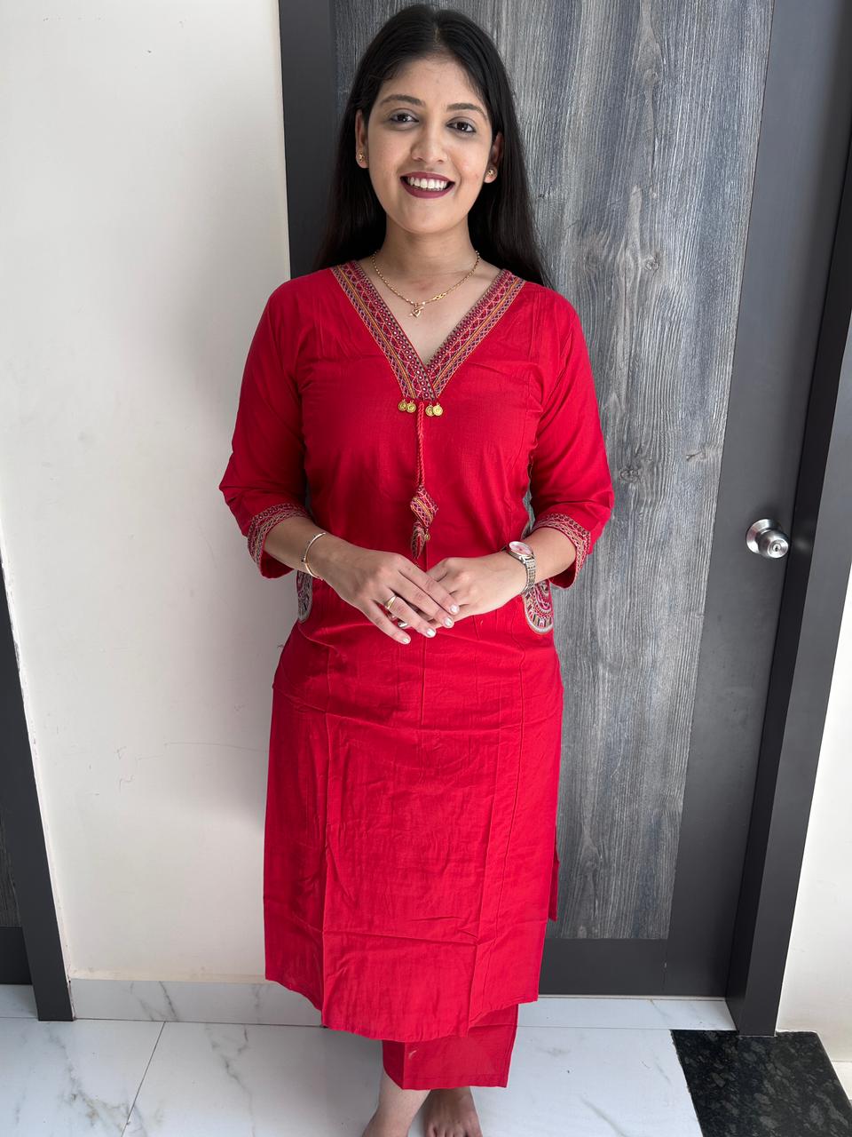 kurti pant set with  hand embroidery (red)