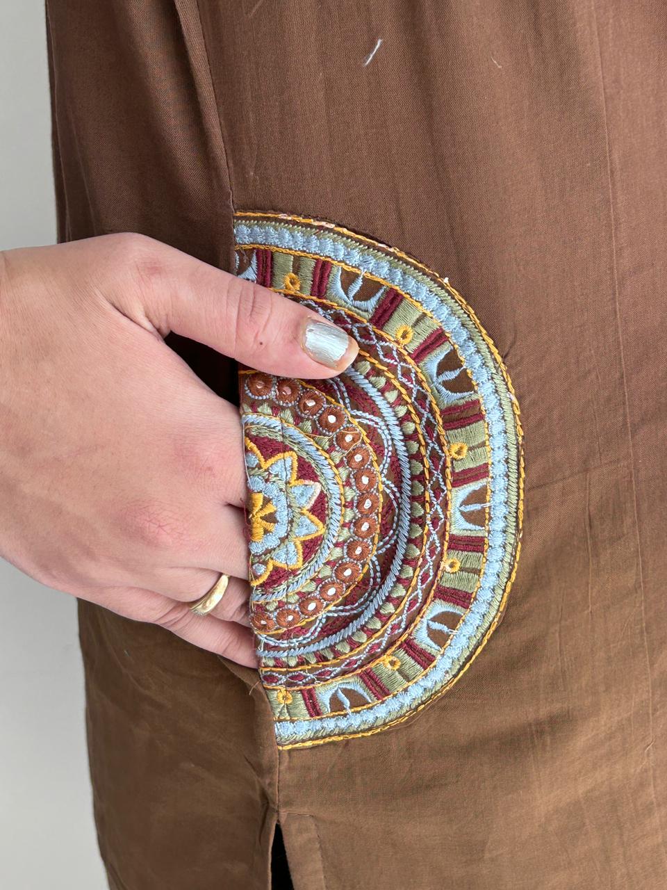 Brown Hand-Embroidered Kurti Pant Set
