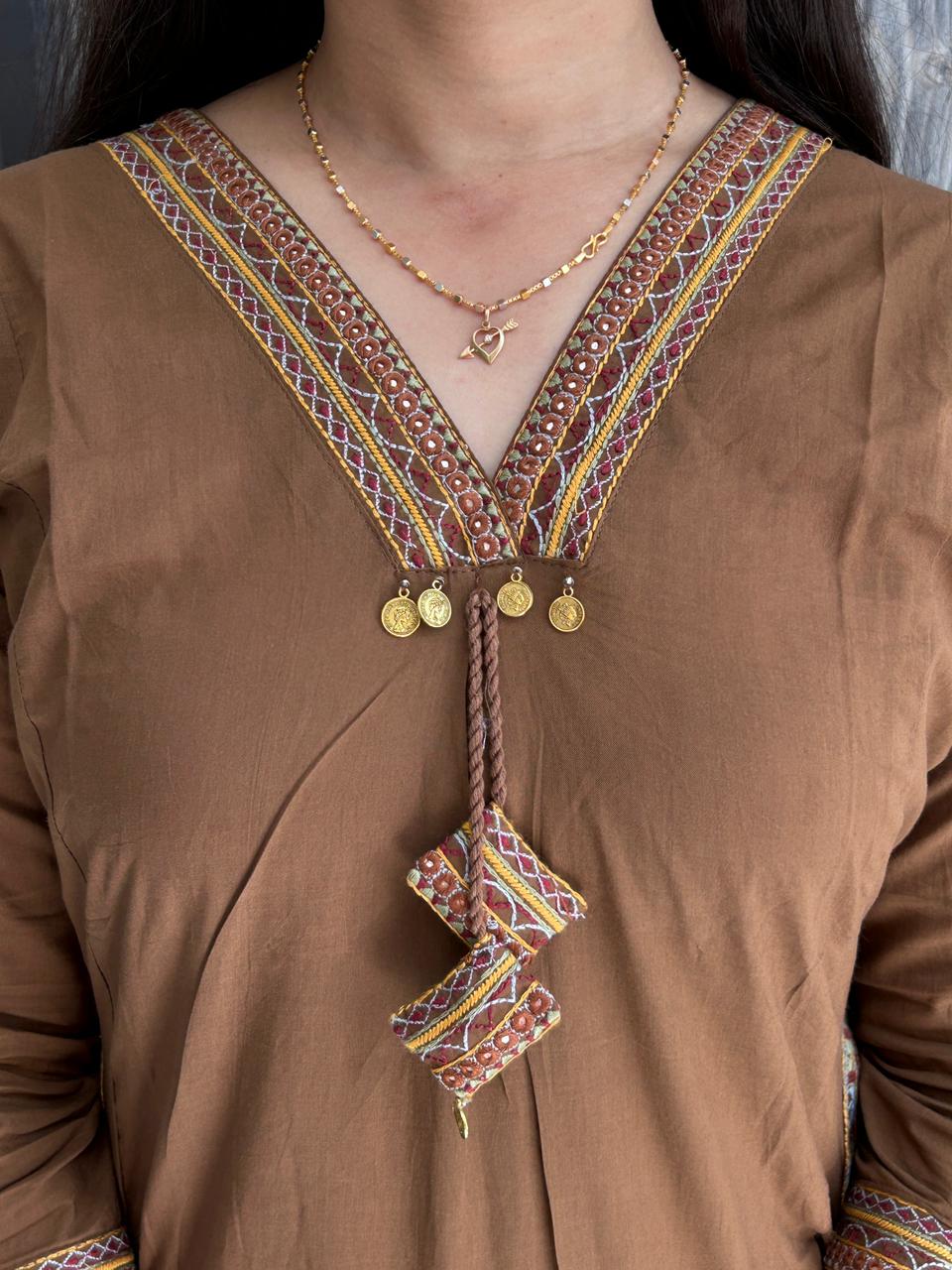Brown Hand-Embroidered Kurti Pant Set