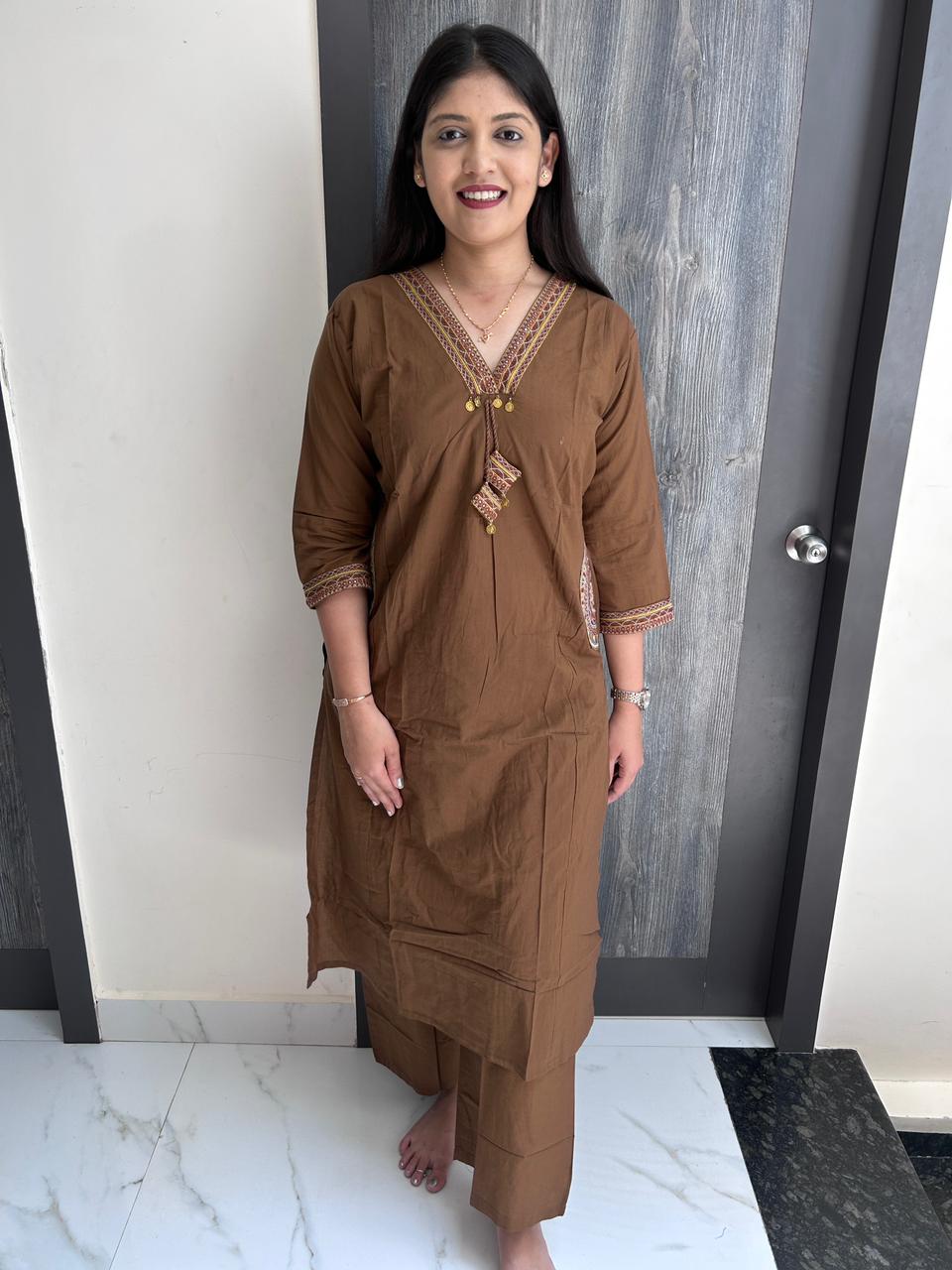 Brown Hand-Embroidered Kurti Pant Set