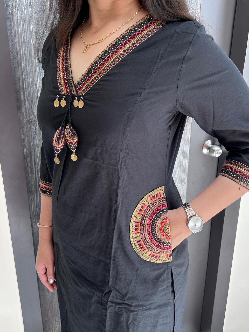 black hand embroidery kurti