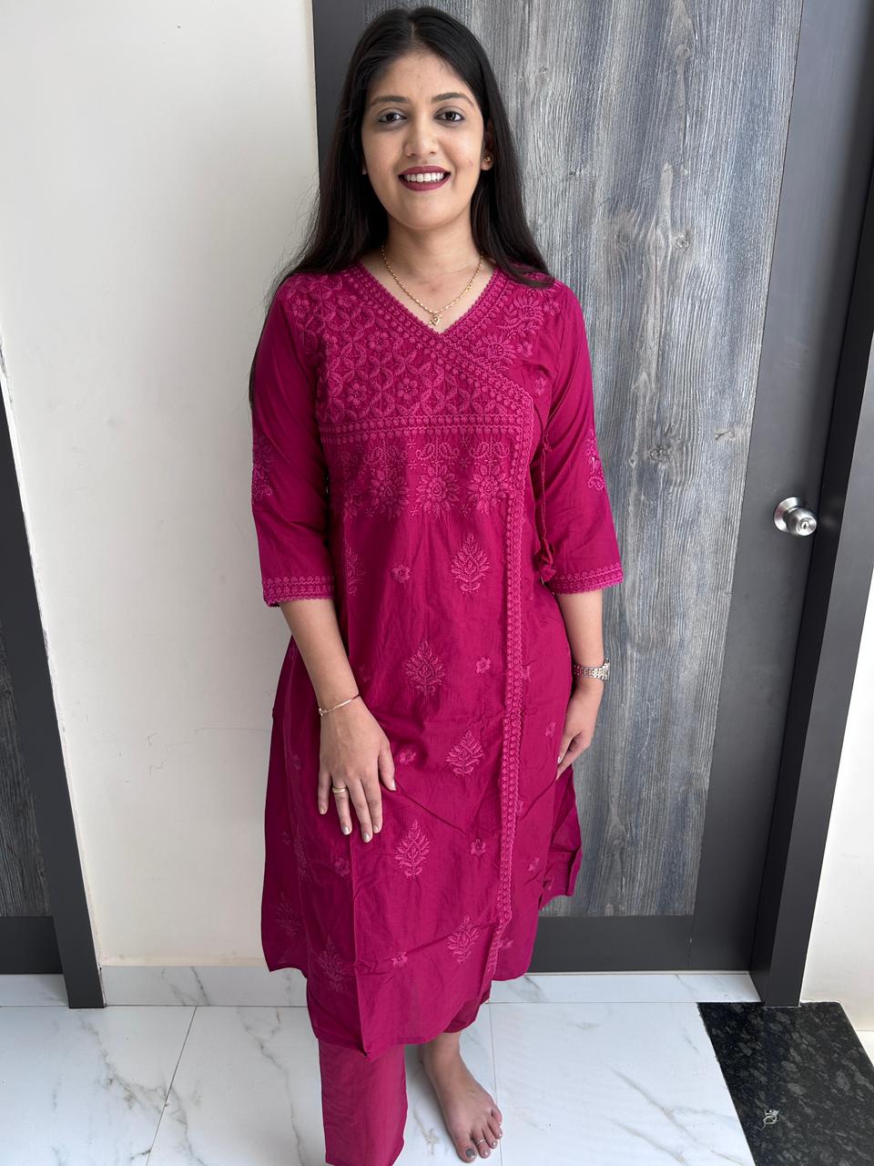 Laknawi Kurta Pant Set (DARK PINK)