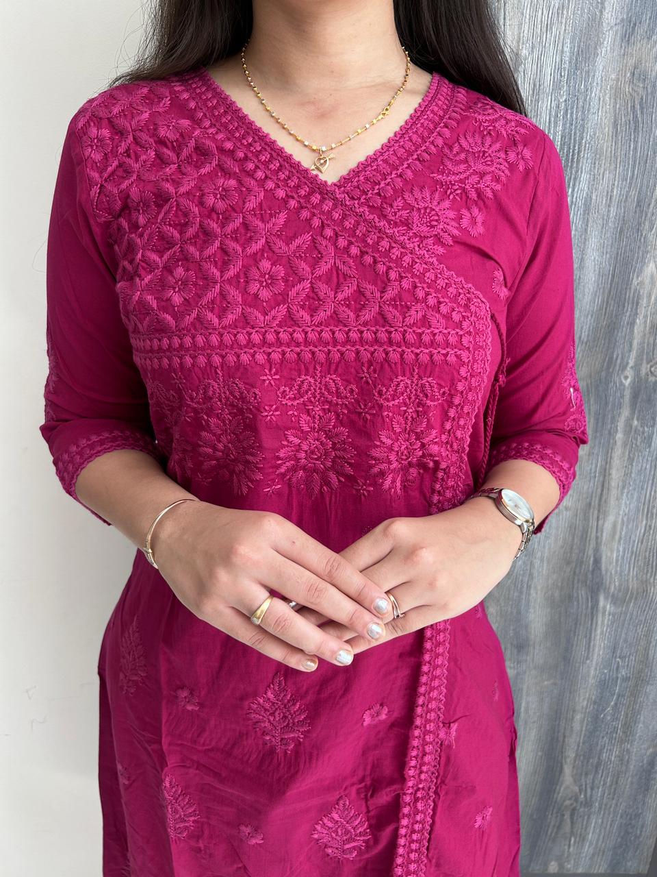 Laknawi Kurta Pant Set (DARK PINK)