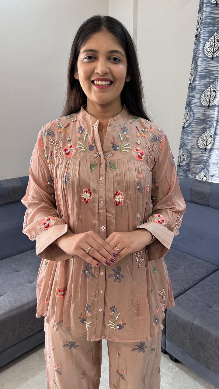 Floral Embroidered Peach Co-Ord Set