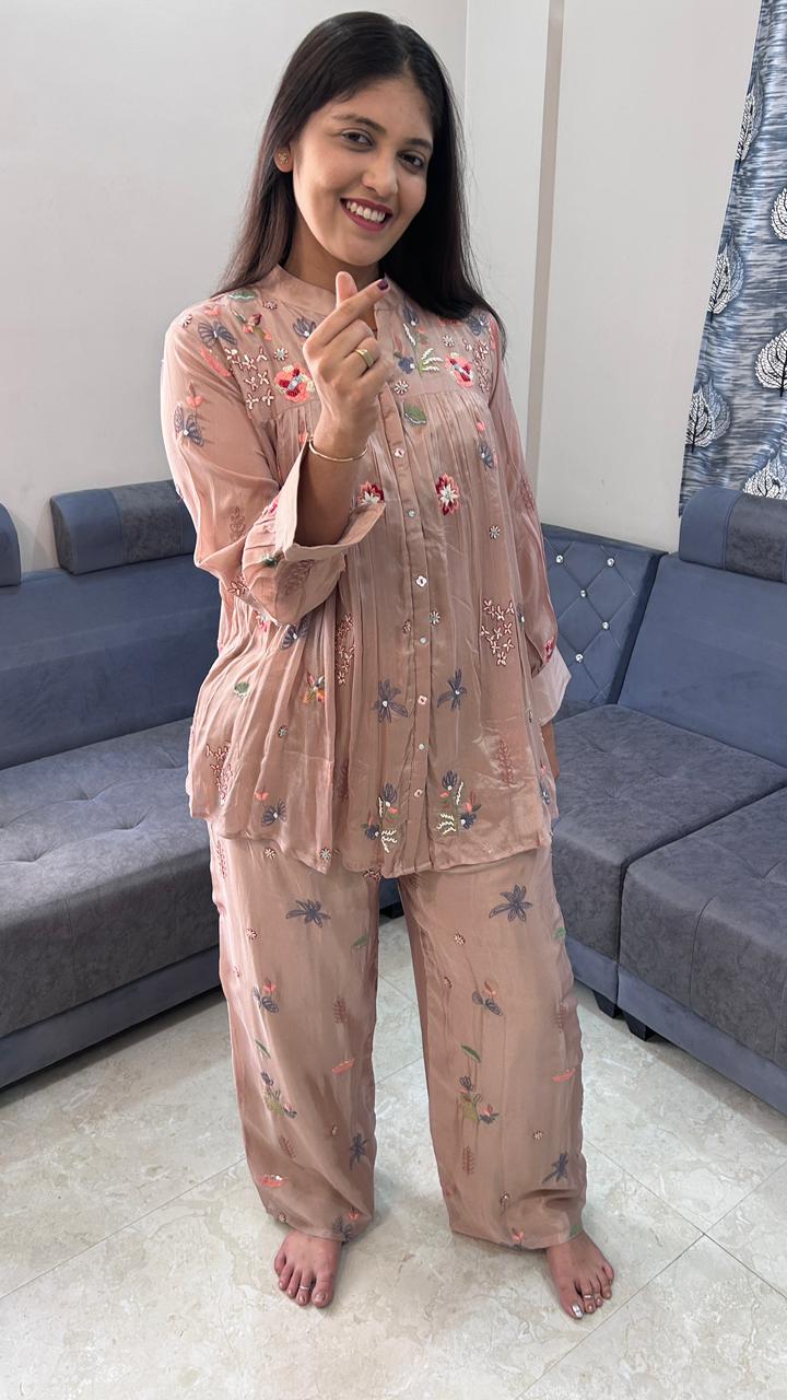 Floral Embroidered Peach Co-Ord Set