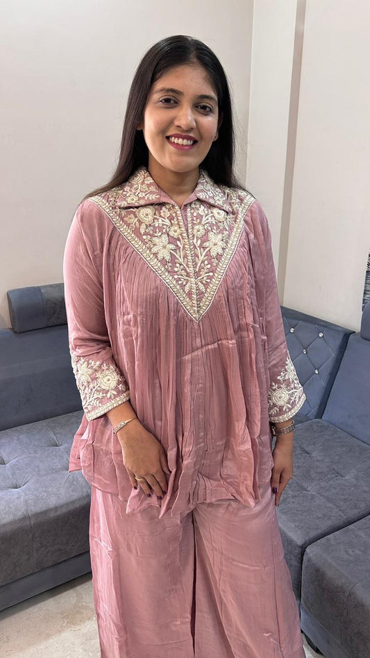 Dusty Rose Pink V-Neck Pleated Co-Ord Set