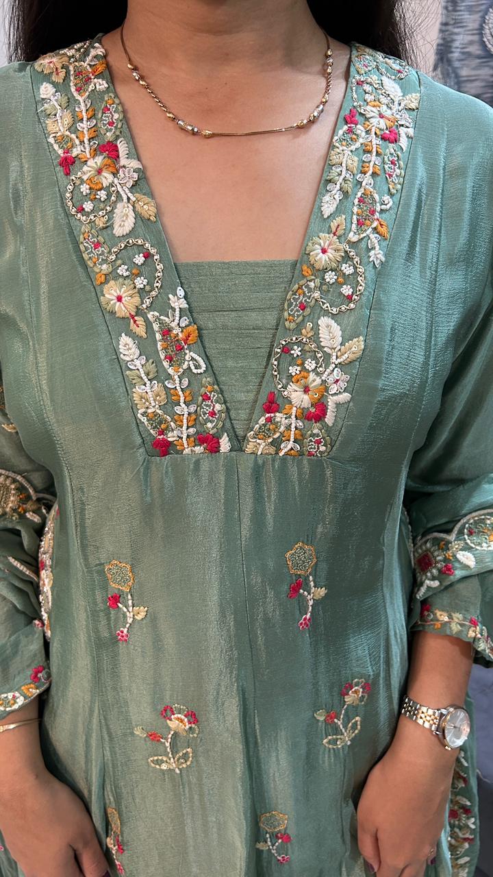 Sage Elegance Embroidered Kurta & Palazzo Set
