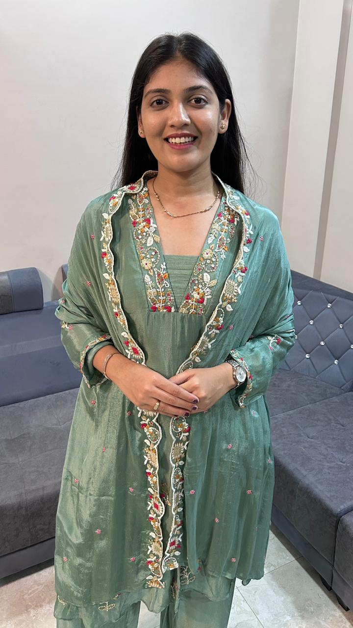 Sage Elegance Embroidered Kurta & Palazzo Set