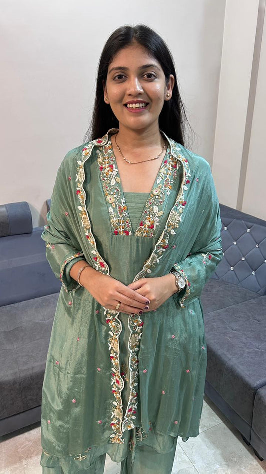 Sage Elegance Embroidered Kurta & Palazzo Set
