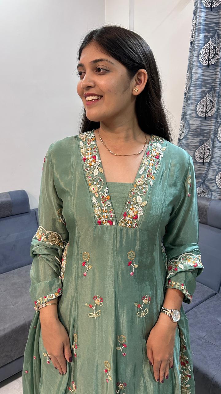 Sage Elegance Embroidered Kurta & Palazzo Set