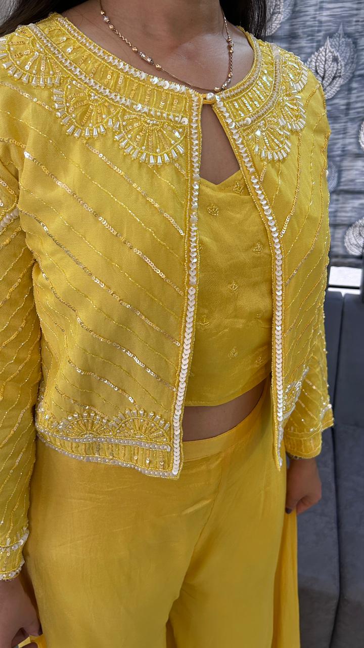 Yellow Embroidered Short Jacket, Crop Top & Palazzo Set