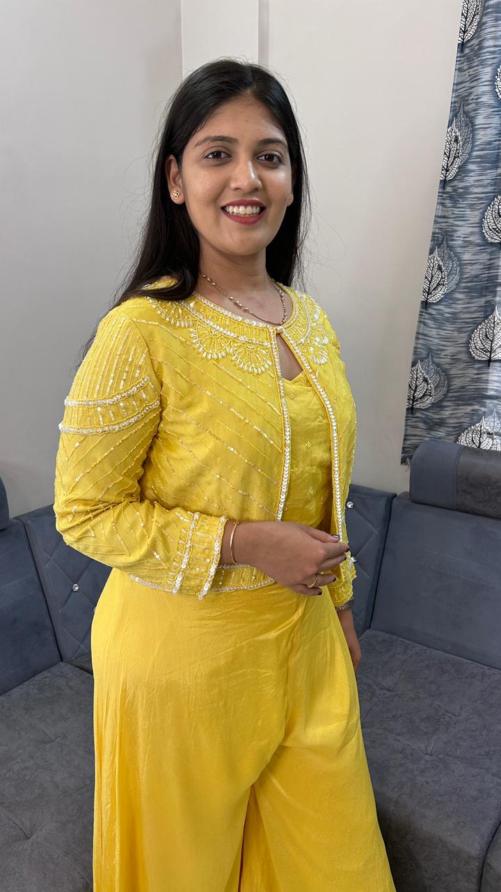 Yellow Embroidered Short Jacket, Crop Top & Palazzo Set