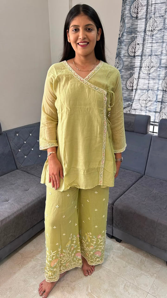 Olive Green Organza Embroidered Angrakha Set