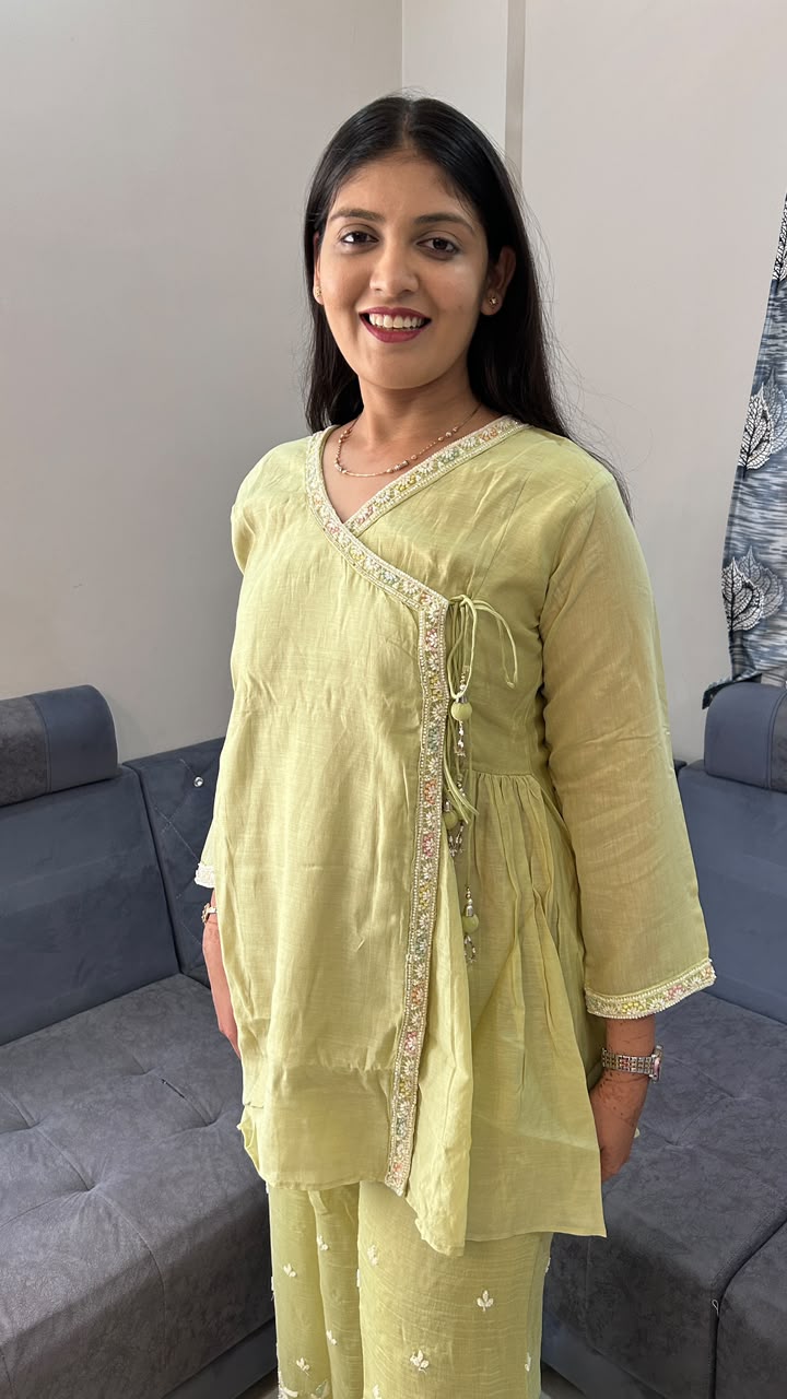 Olive Green Organza Embroidered Angrakha Set