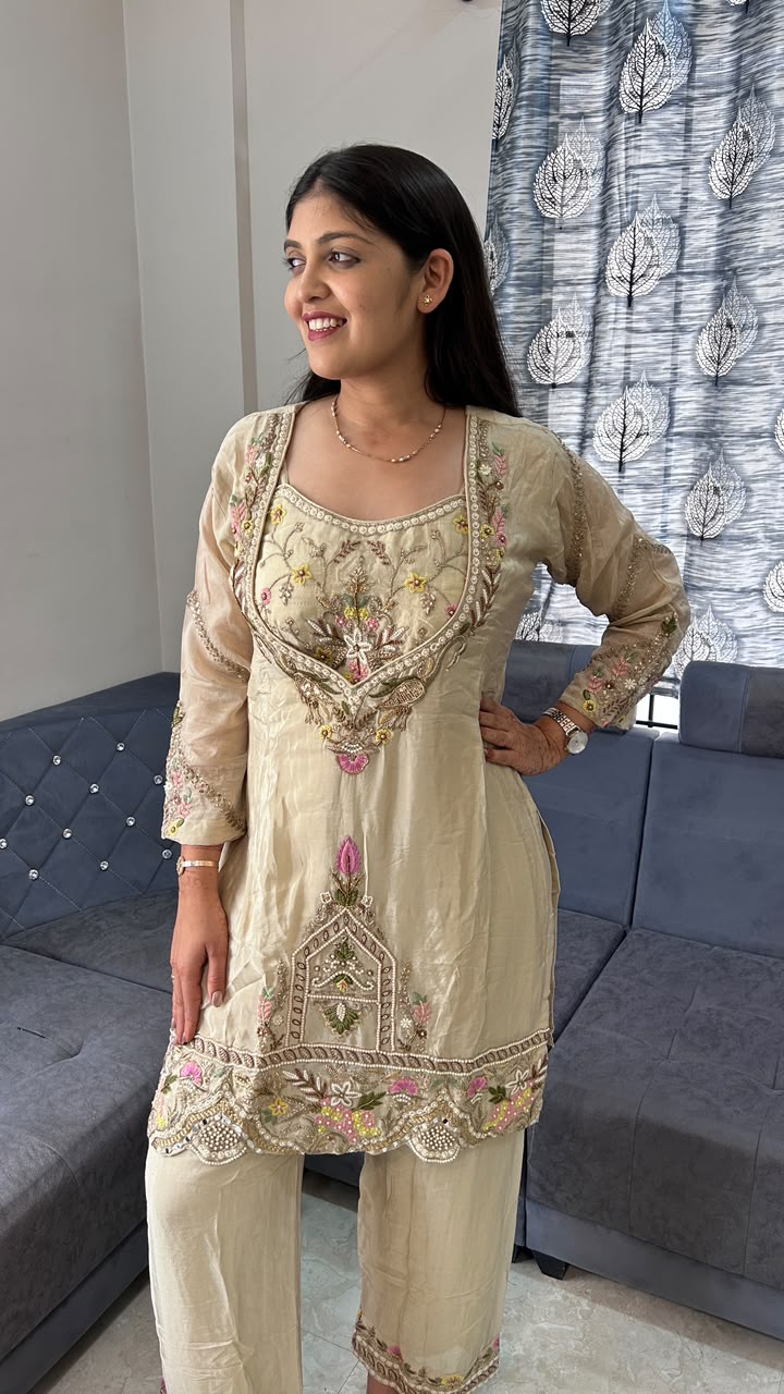 Cream Hand-Embroidered Tissue Silk Kurti Set with Inner Blouse