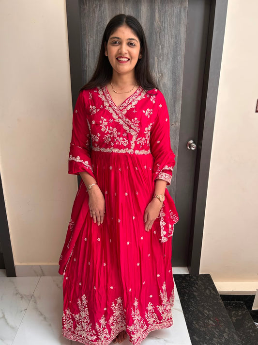 Rani Pink Embroidered Angrakha Anarkali Set