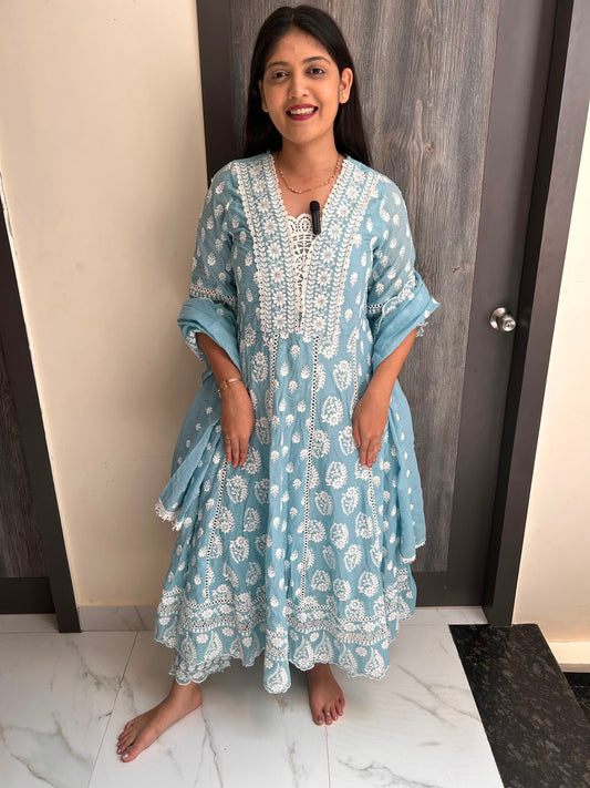 Serene Powder Blue Hand-Embroidered Chikankari Anarkali Set