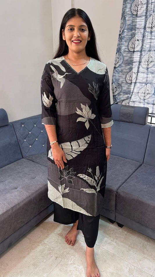 Black & Off-White Floral Printed Kurta with Palazzos