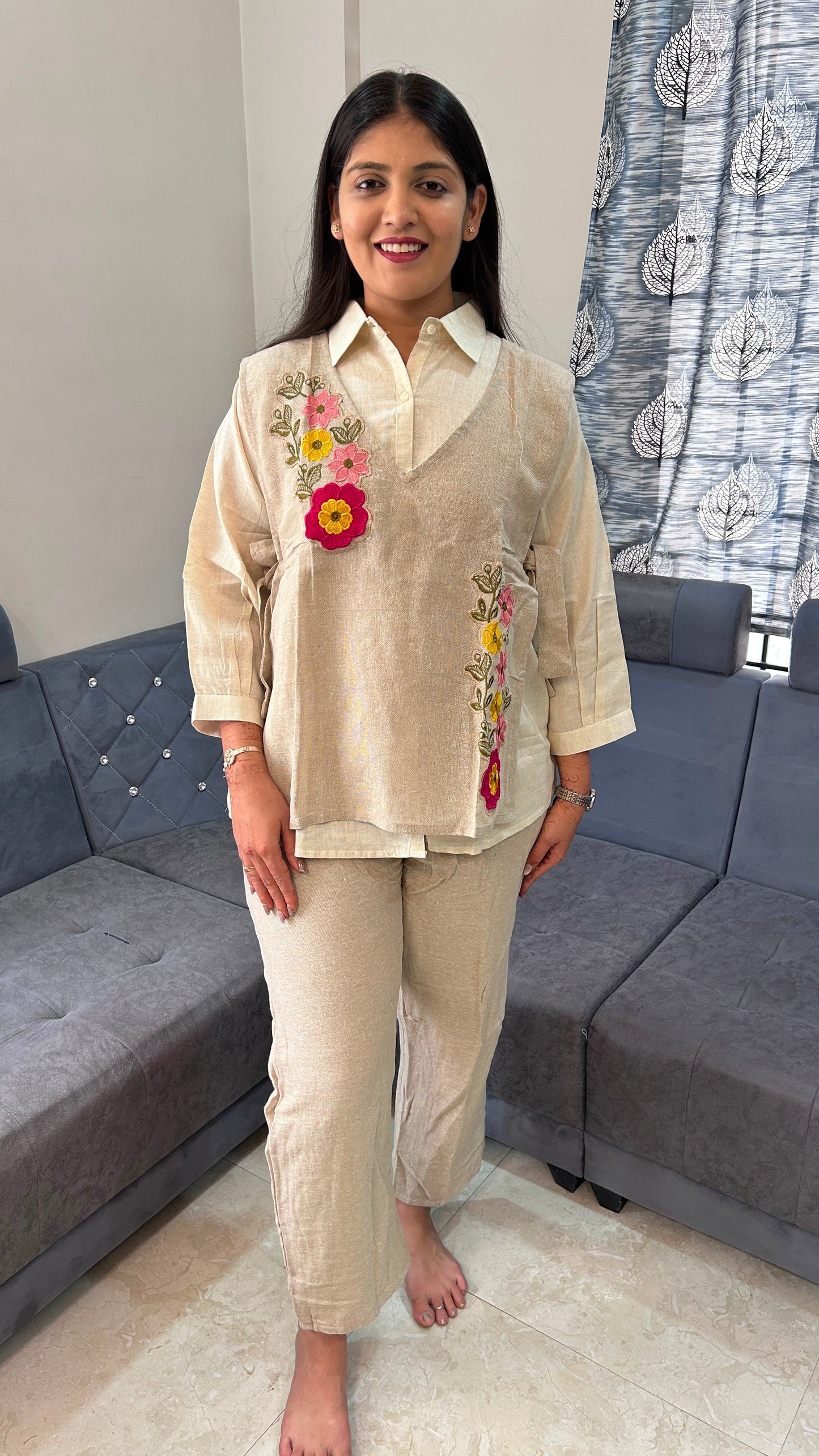 Floral Embroidered Vest & Shirt Co-ord Set